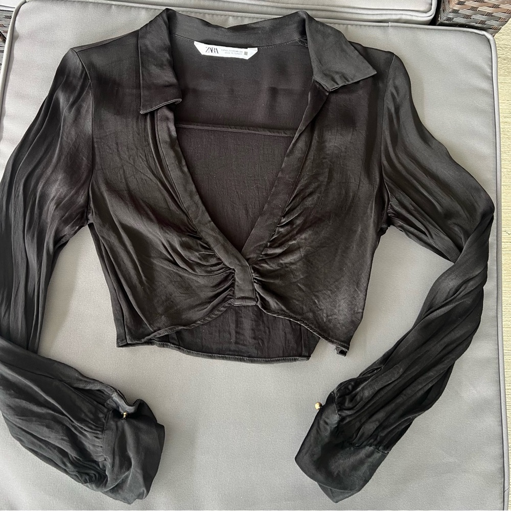 Zara Black Satin Long-Sleeve Twist Front Crop Top